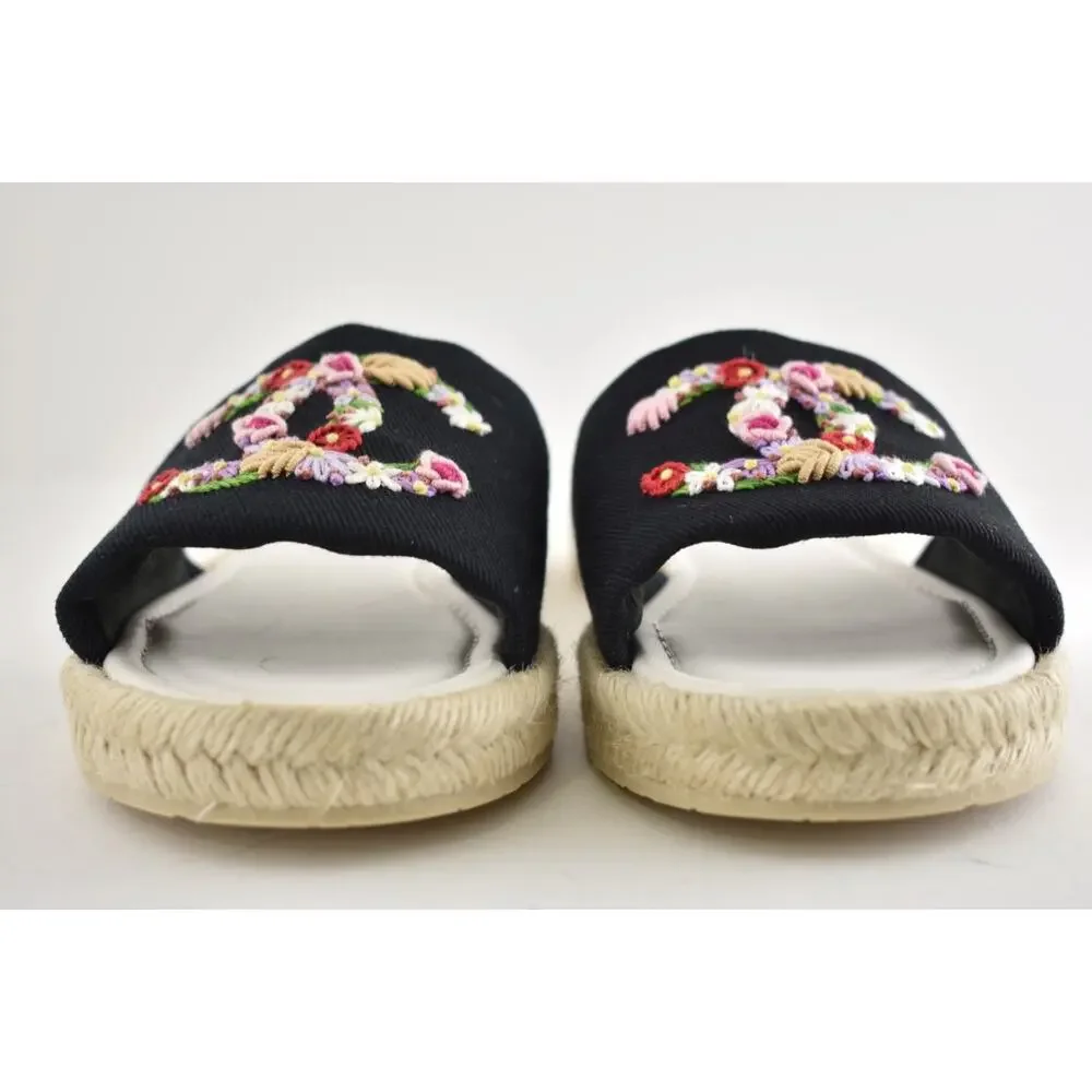 Chanel 25S Black Canvas Floral Crochet CC Logo Slide Sandal Espadrille Flat 41